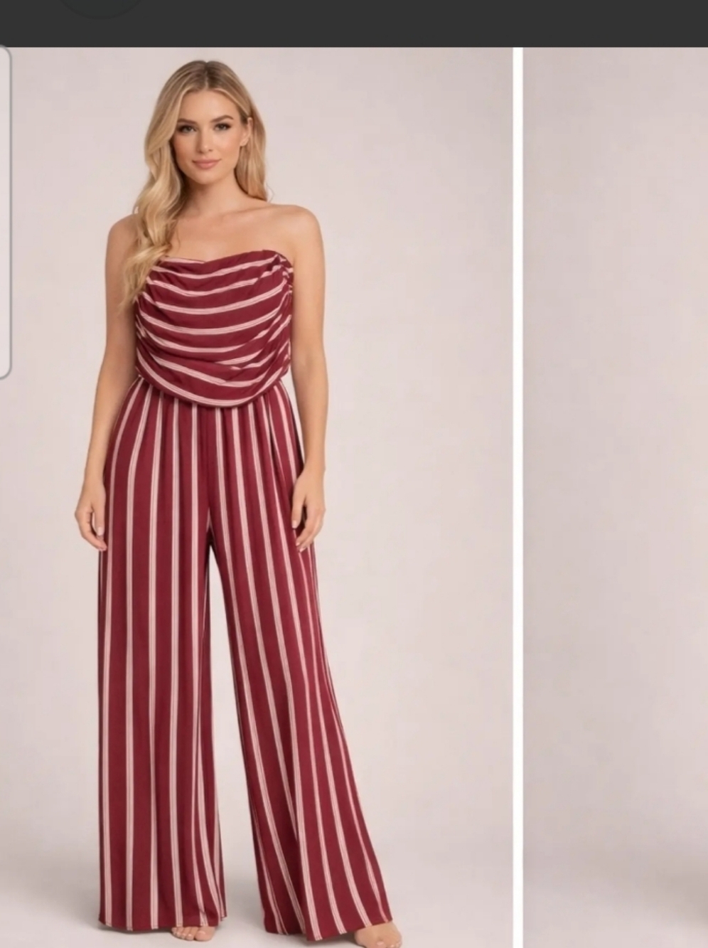 Rue21 Strapless Burgundy & White Vertical Stripe Wide-Leg Jumpsuit